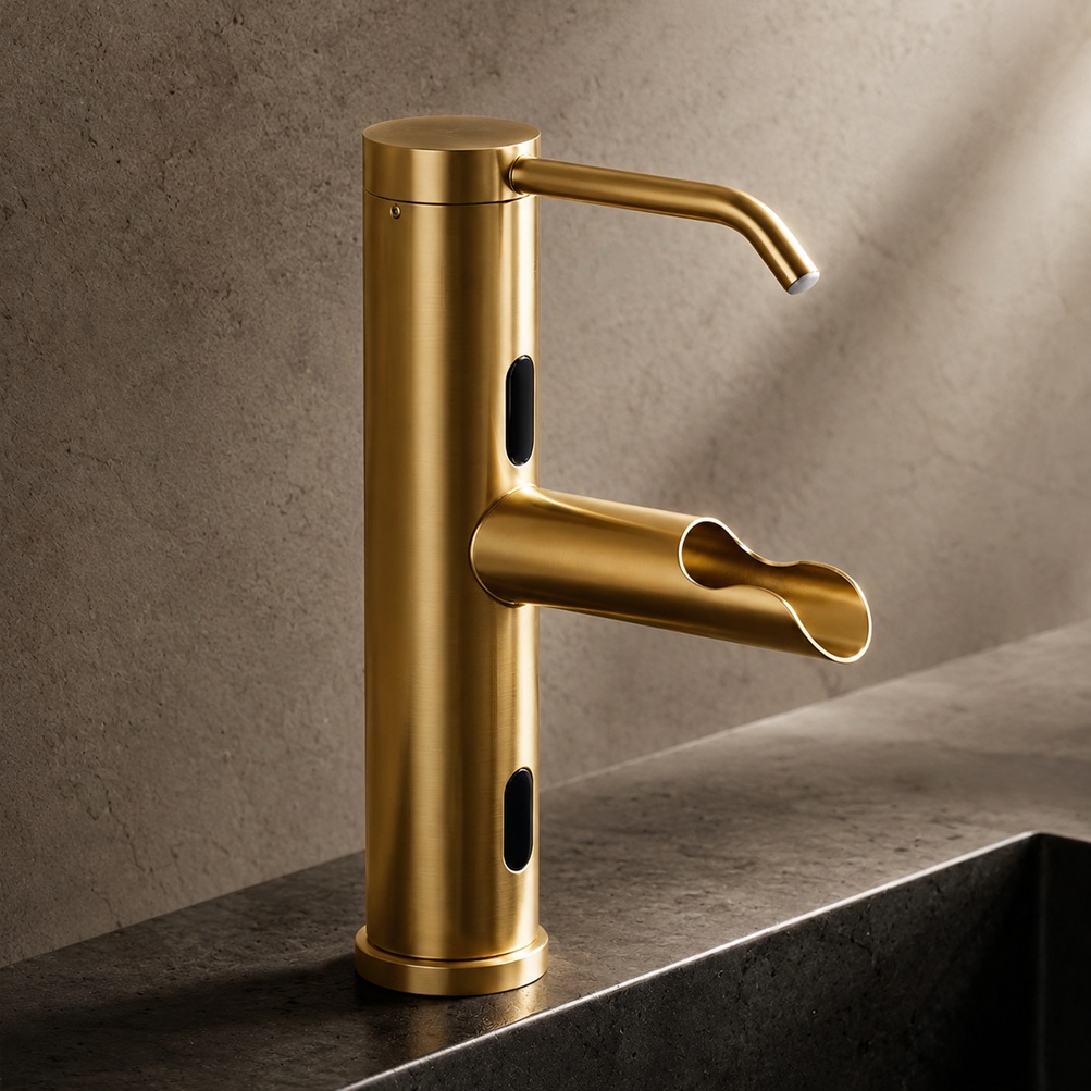 Square frame showing a chrome touchless deck mount soap dispenser for priming and refill connection checks